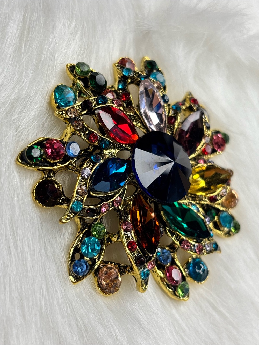 Oversized Multicolor Rhinestone Statement Brooch Gold Tone - Picture 3 of 4
